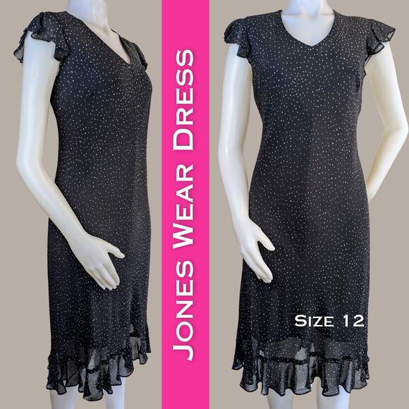 Jones Wear A-Line Dress Size 12 Black White Dot Flutter Sleeve Sheer Ruffle - Picture 1 of 9